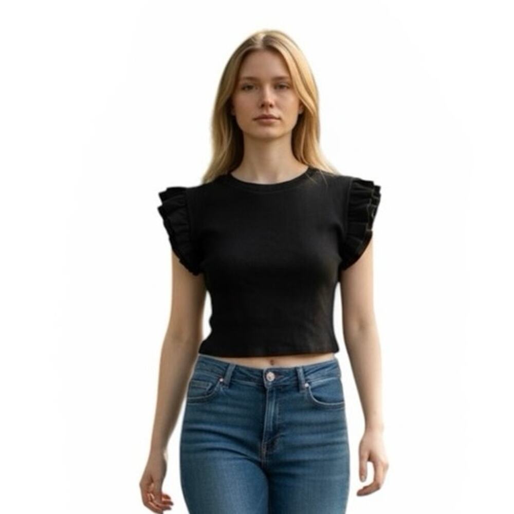 ZARA Black Cropped Tank Top. Coquette Size Small. Ruffle Detail on Sleeves. EUC!